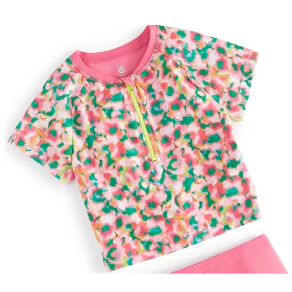 ID Ideology Blurred Floral Rash Guard Big Girls L Cerise Pink Half-Zip Closure